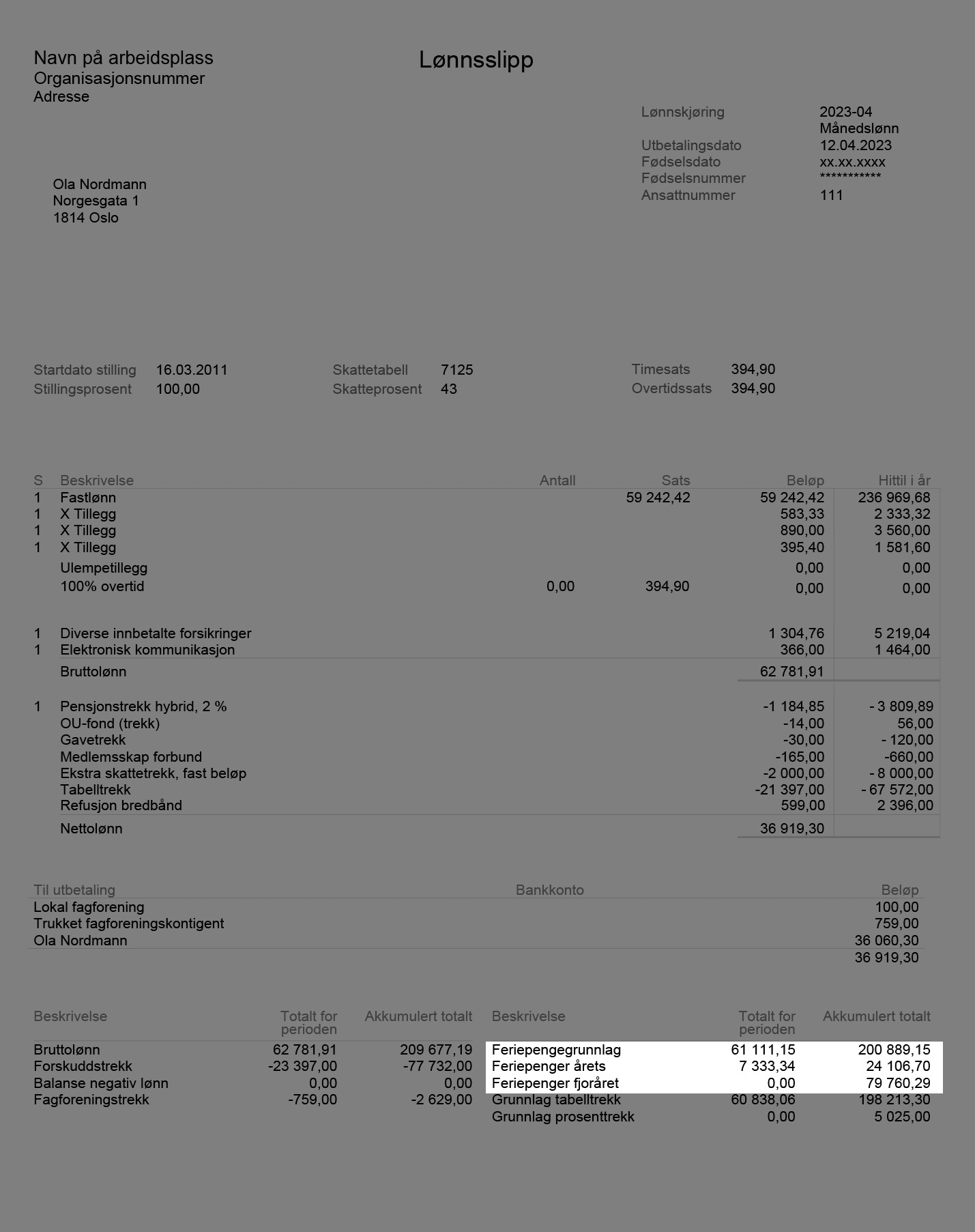 Hvor på lønnsslippen det skal stå informasjon om feriepenger